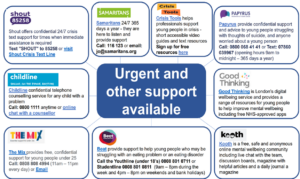 Contact details for various support agencies including: Shout Samaritans Crisis Tools Papyrus Childline Good Thinking The Mix Beat Kooth